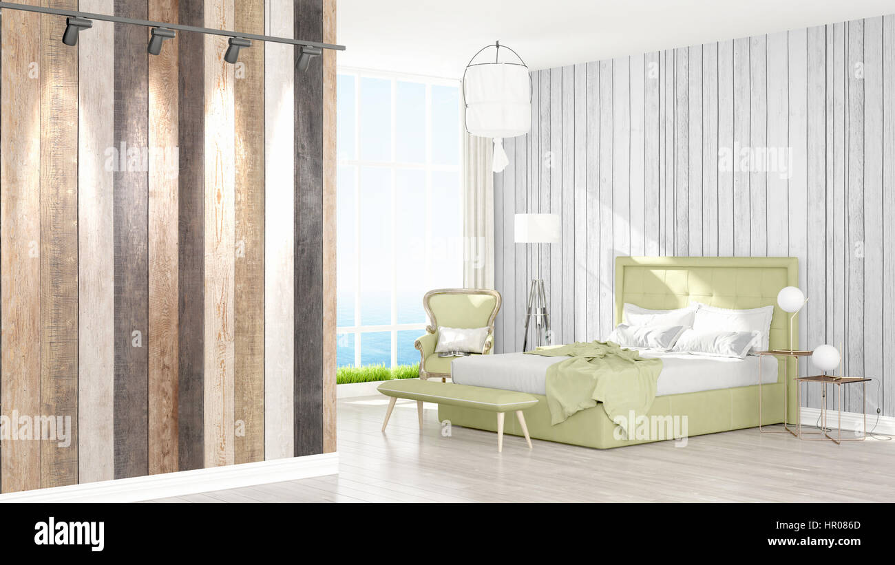 Beautiful modern bedroom interior with empty wall. 3D rendering Stock ...