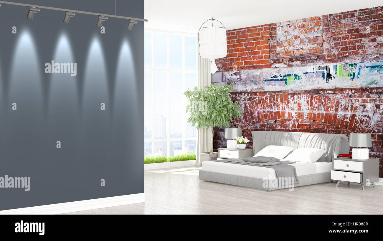 Beautiful modern bedroom interior with empty wall. 3D rendering Stock ...