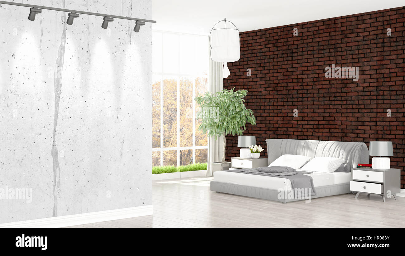 Beautiful modern bedroom interior with empty wall. 3D rendering Stock ...