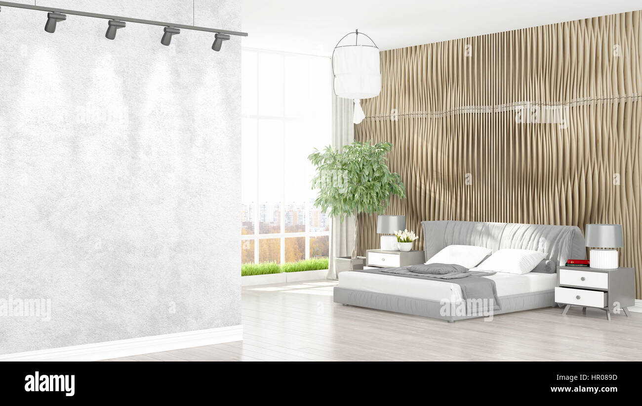 Beautiful modern bedroom interior with empty wall. 3D rendering Stock ...