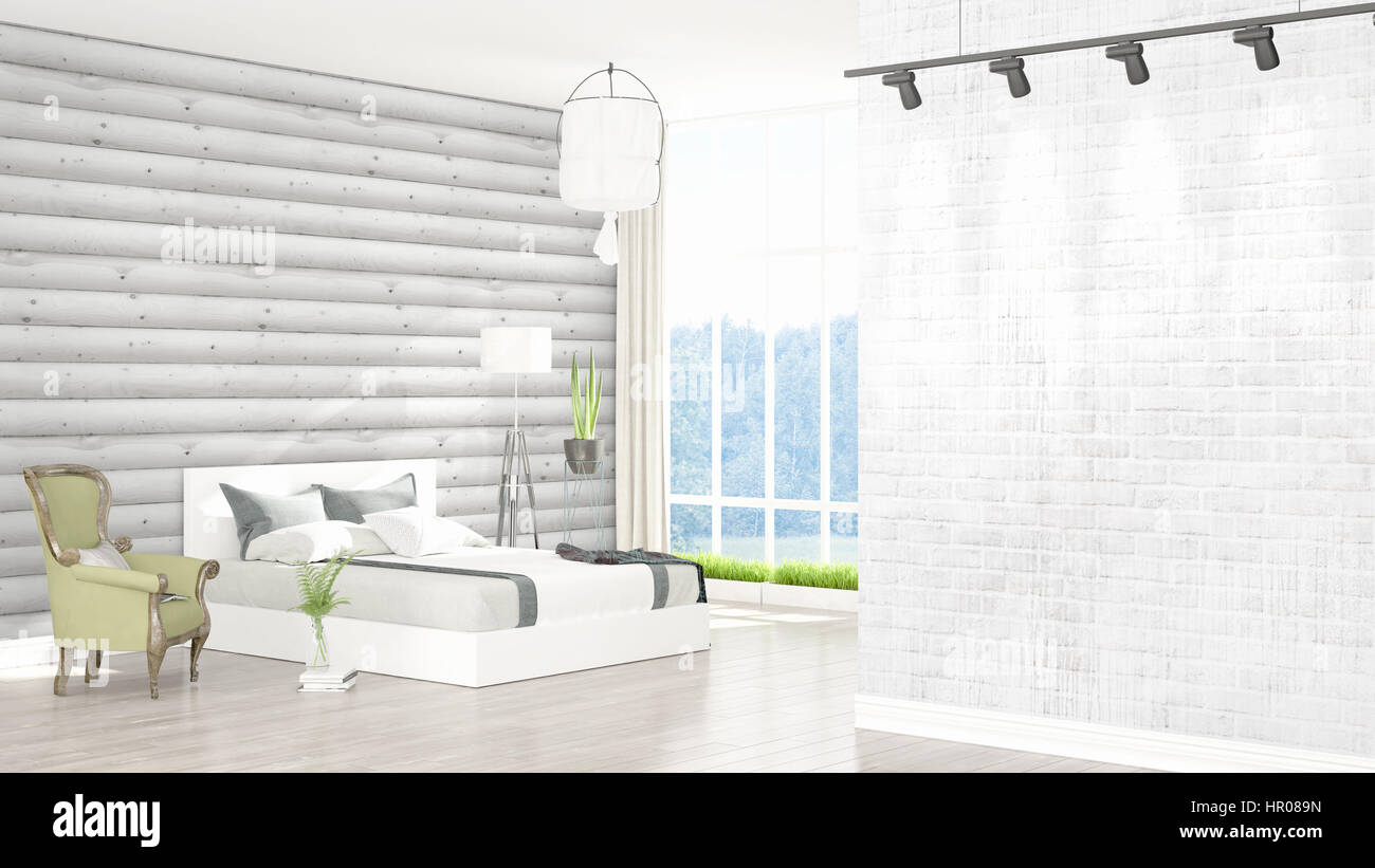 Beautiful modern bedroom interior with empty wall. 3D rendering Stock ...