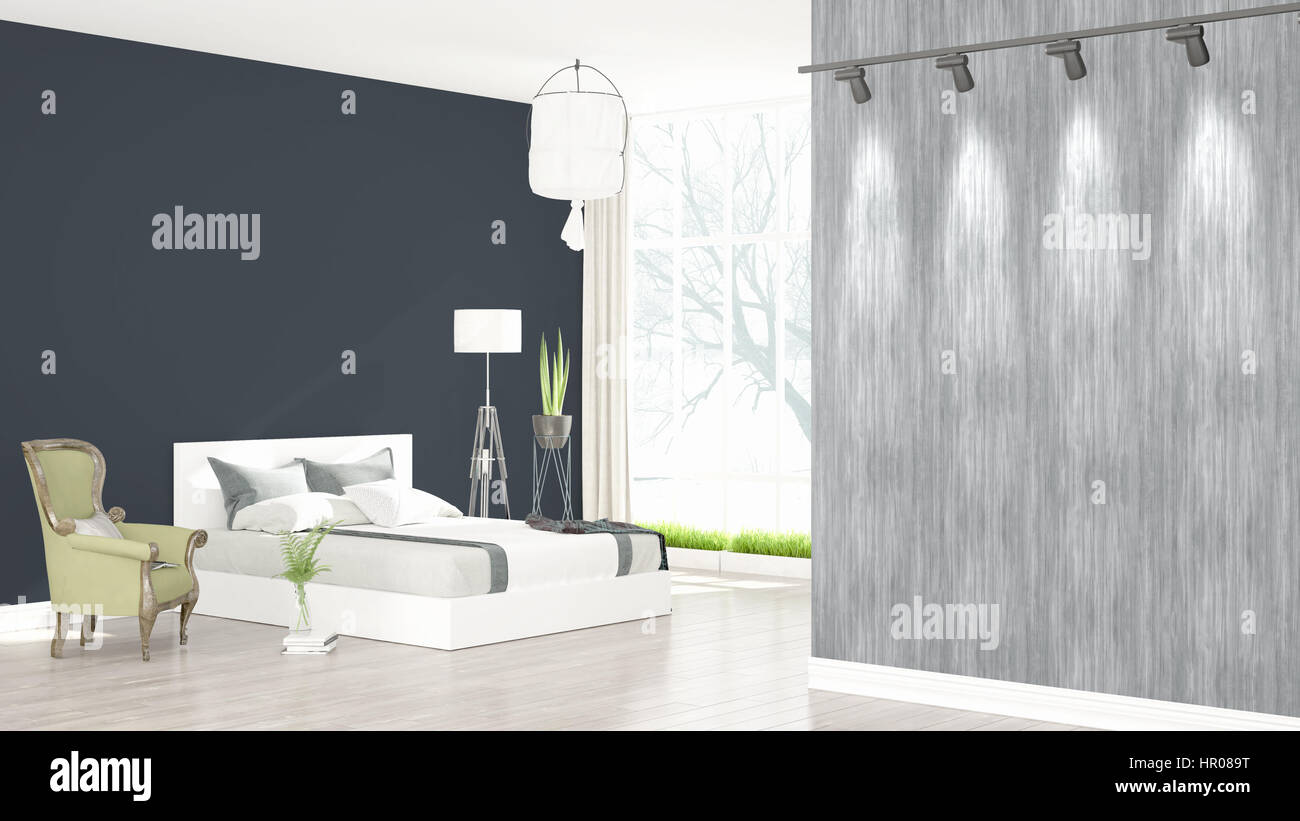 Beautiful modern bedroom interior with empty wall. 3D rendering Stock ...