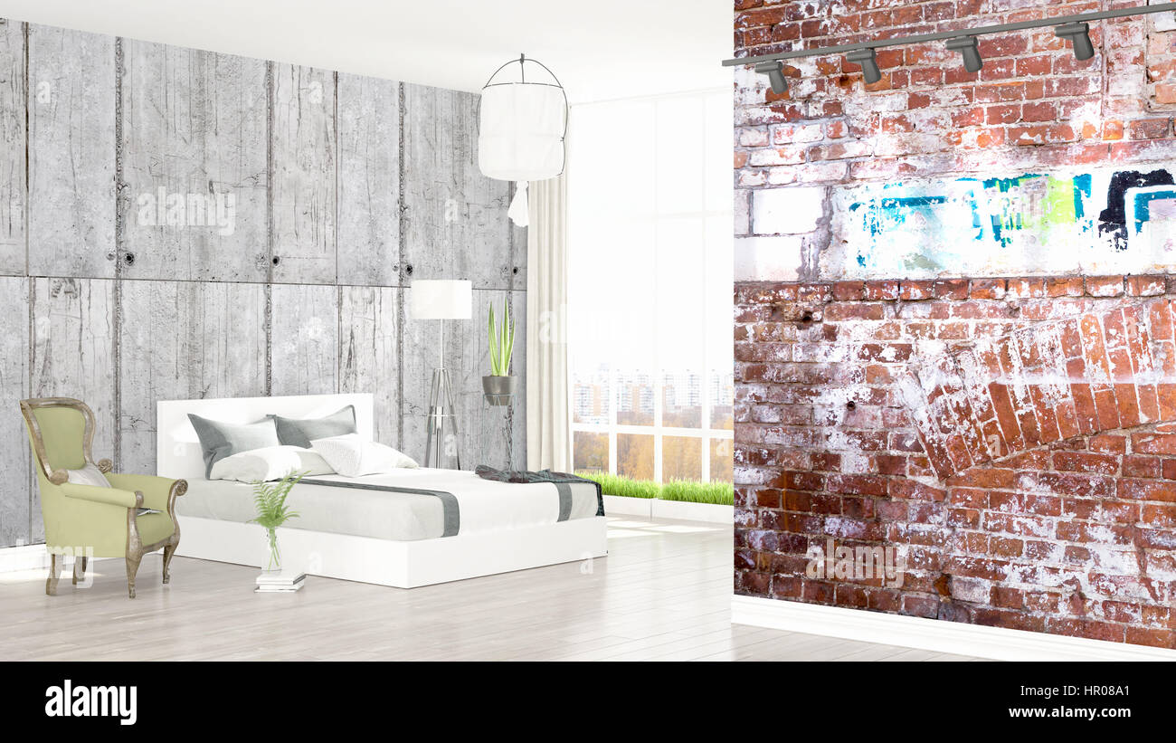 Beautiful modern bedroom interior with empty wall. 3D rendering Stock ...