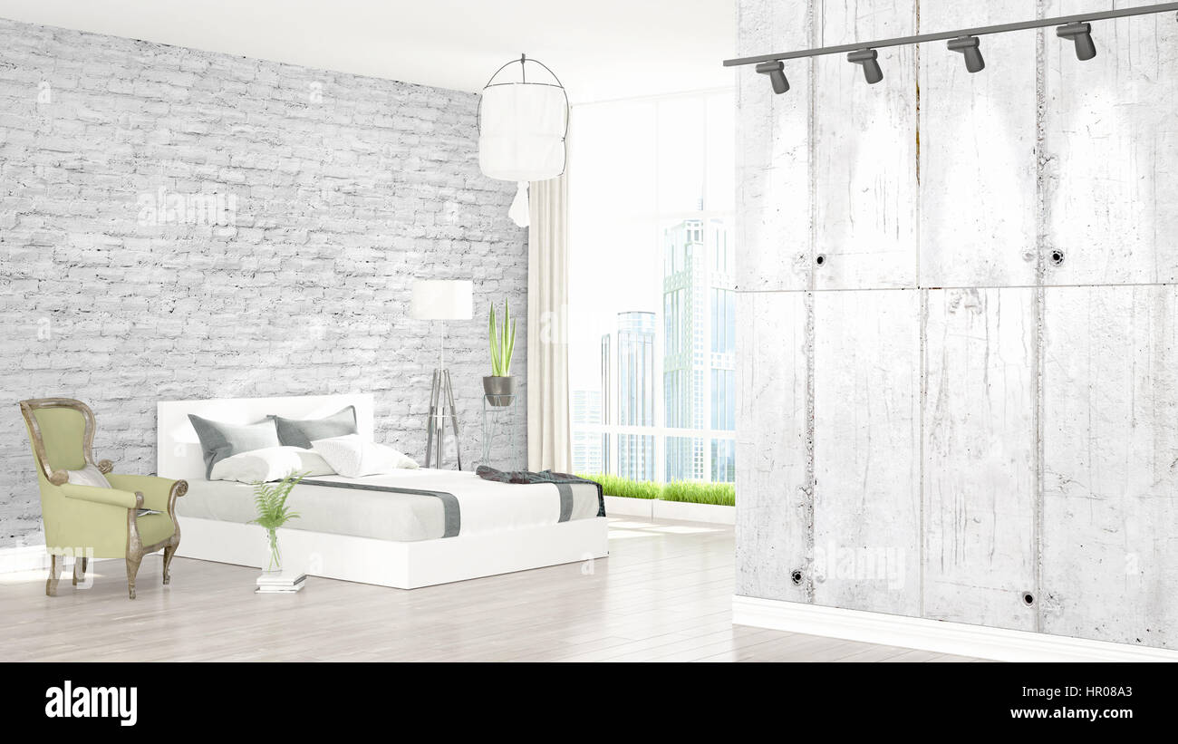 Beautiful modern bedroom interior with empty wall. 3D rendering Stock ...