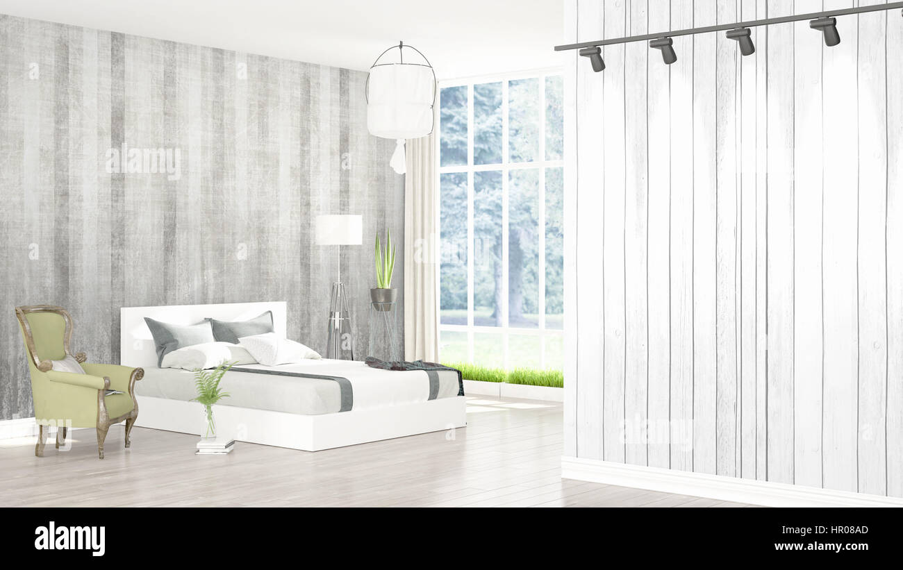 Beautiful modern bedroom interior with empty wall. 3D rendering Stock ...
