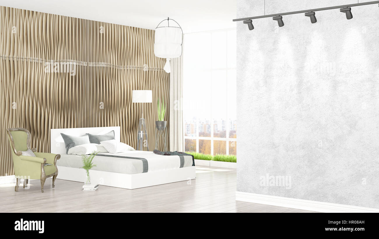 Beautiful modern bedroom interior with empty wall. 3D rendering Stock ...