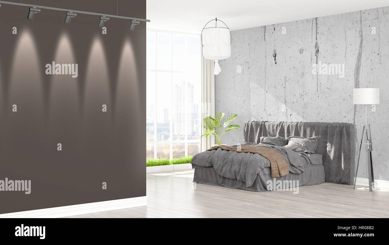 Beautiful modern bedroom interior with empty wall. 3D rendering Stock ...
