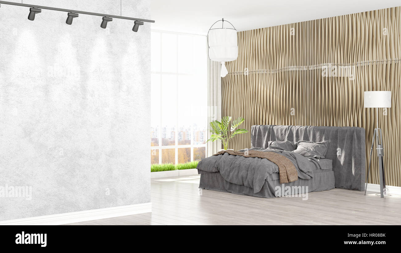 Beautiful modern bedroom interior with empty wall. 3D rendering Stock ...