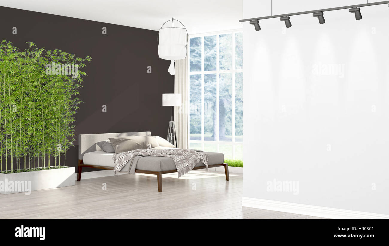 Beautiful modern bedroom interior with empty wall. 3D rendering Stock ...