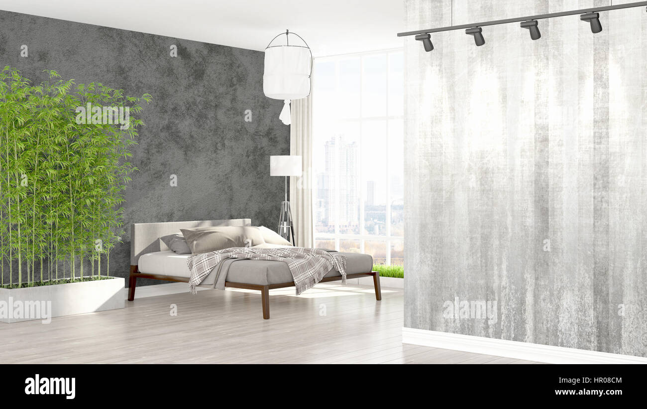 Beautiful modern bedroom interior with empty wall. 3D rendering Stock ...