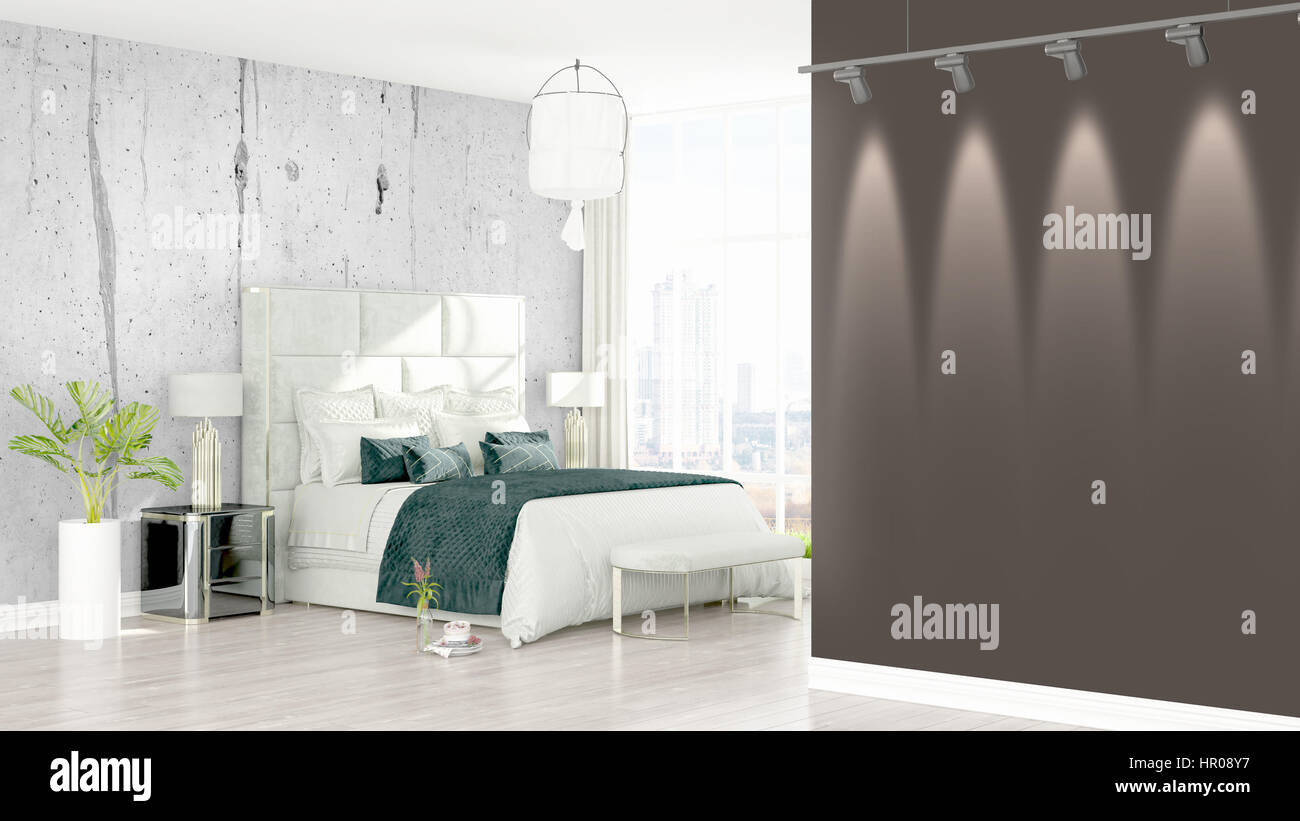 Beautiful modern bedroom interior with empty wall. 3D rendering Stock ...