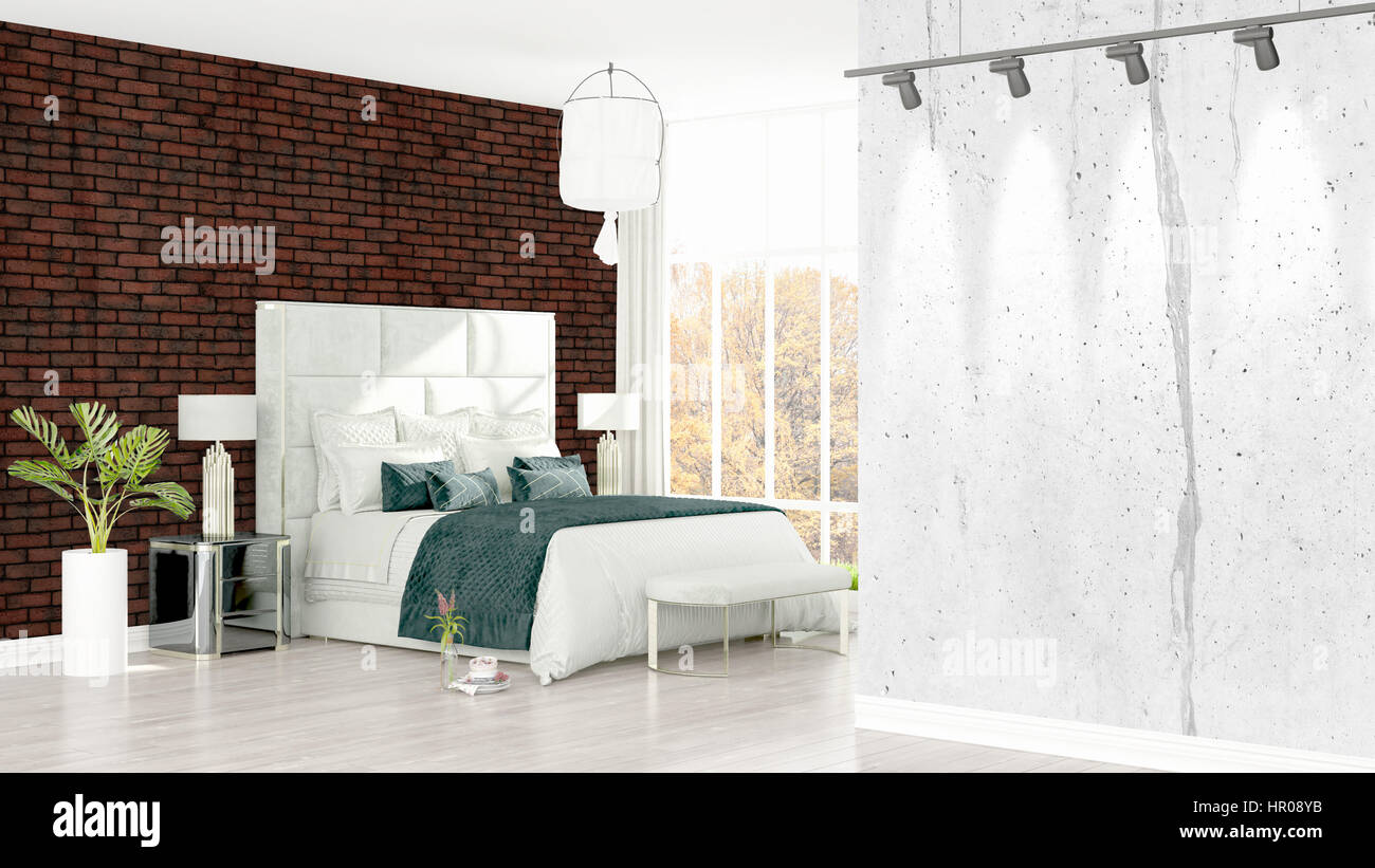 Beautiful modern bedroom interior with empty wall. 3D rendering Stock ...