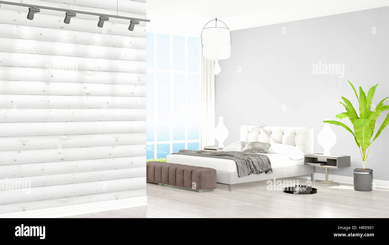 Beautiful modern bedroom interior with empty wall. 3D rendering Stock ...