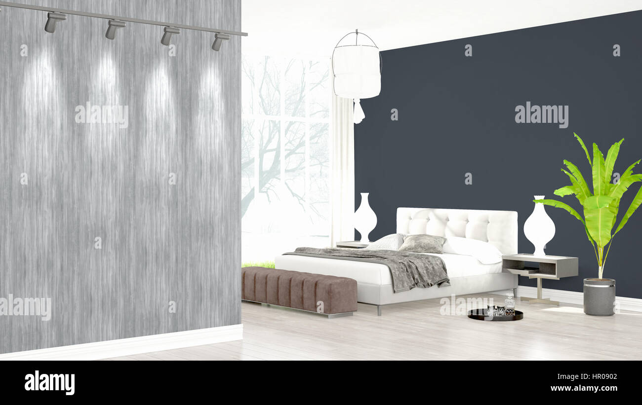 Beautiful modern bedroom interior with empty wall. 3D rendering Stock ...
