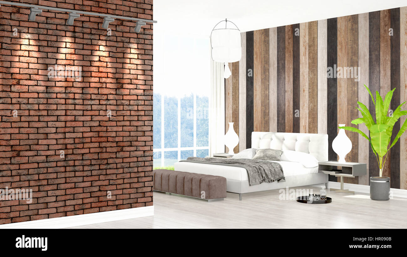 Beautiful modern bedroom interior with empty wall. 3D rendering Stock ...