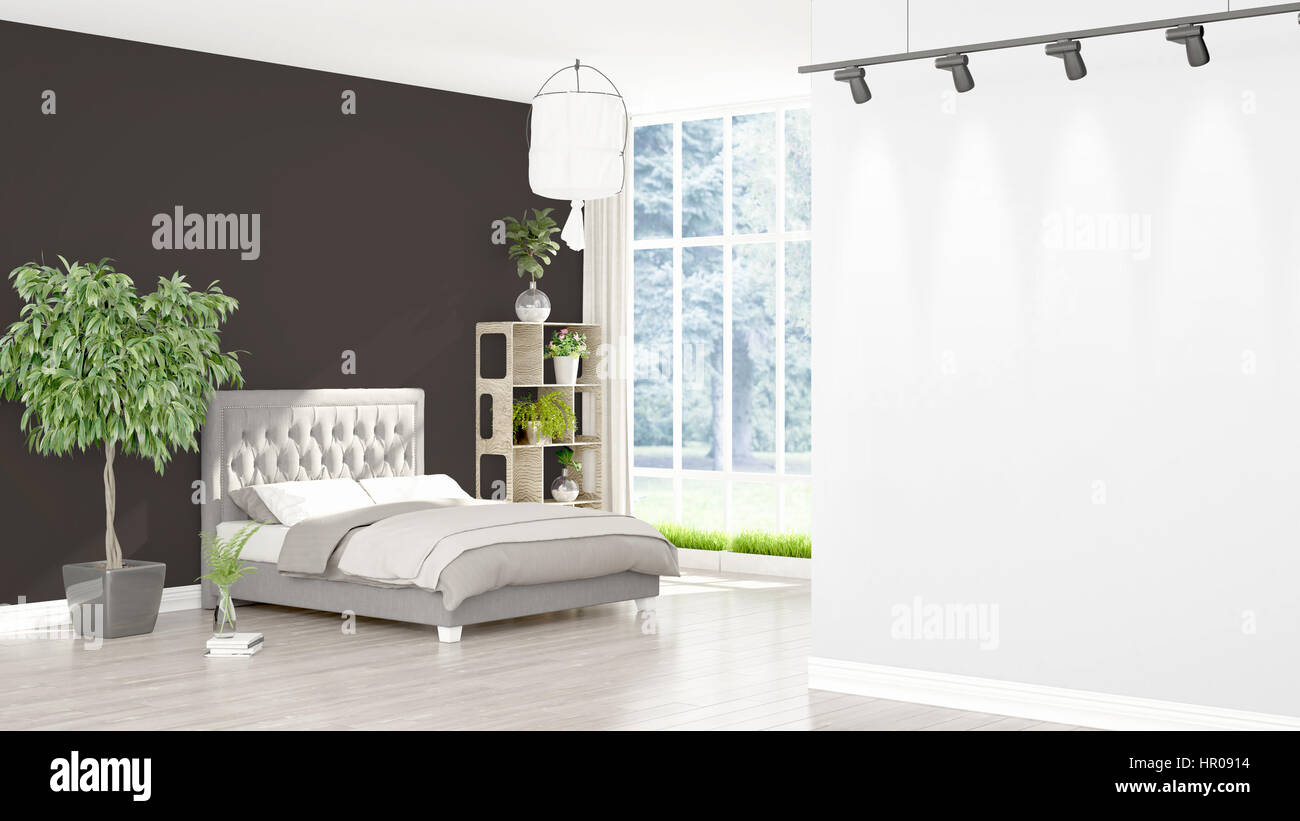Beautiful modern bedroom interior with empty wall. 3D rendering Stock ...