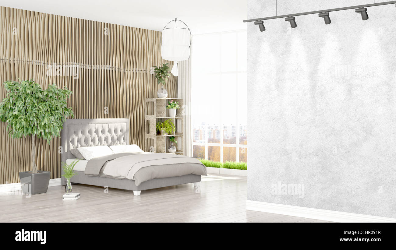 Beautiful modern bedroom interior with empty wall. 3D rendering Stock ...