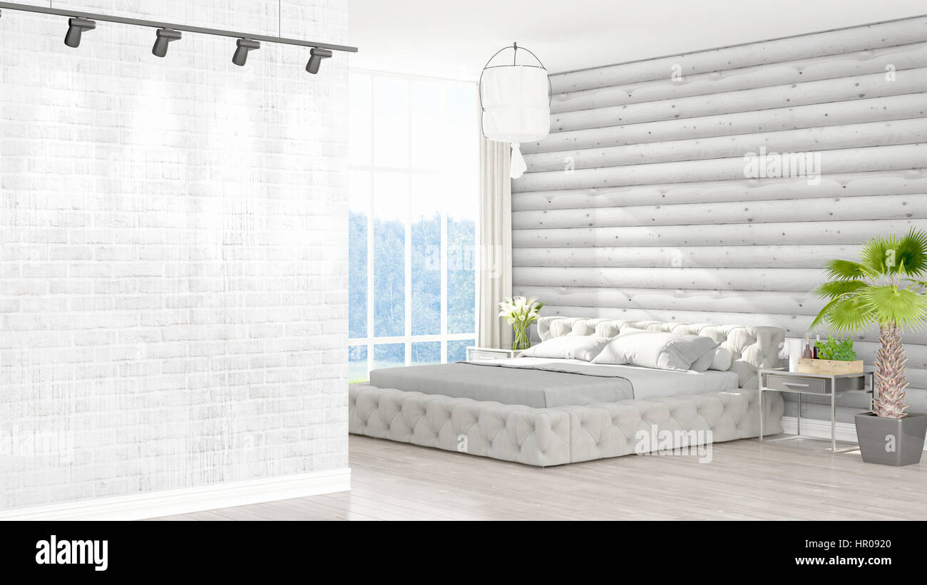 Beautiful modern bedroom interior with empty wall. 3D rendering Stock ...