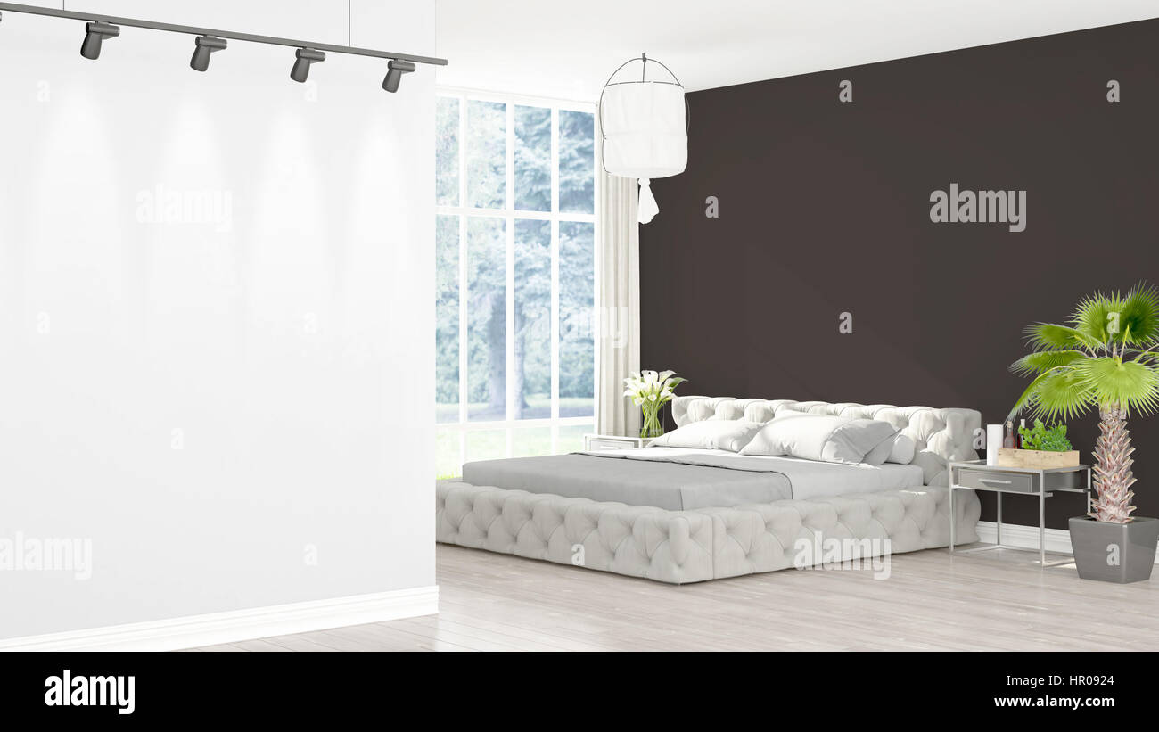 Beautiful modern bedroom interior with empty wall. 3D rendering Stock ...