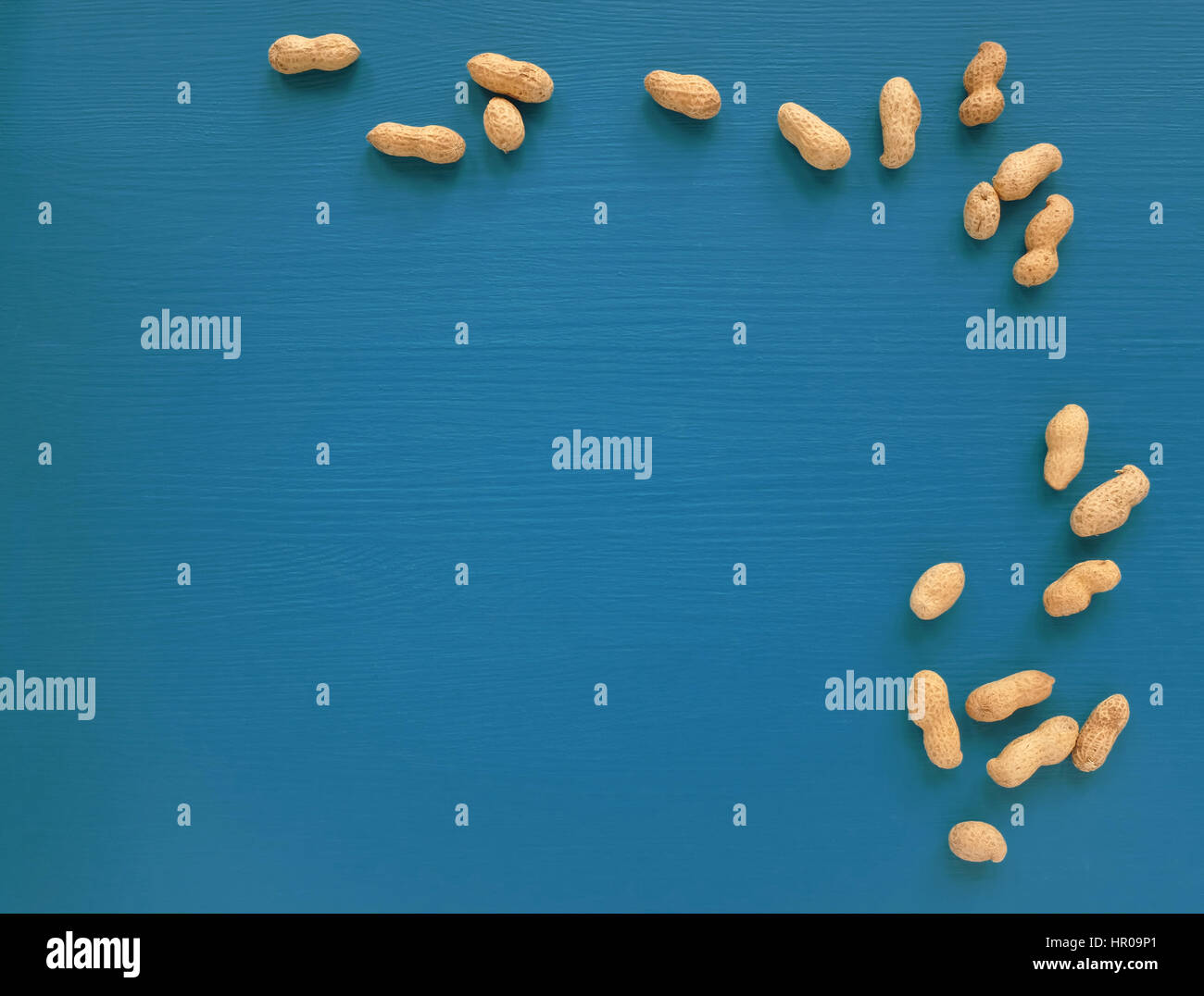 Monkey nuts in nutshells scattered as a right border on a blue painted wooden background Stock Photo