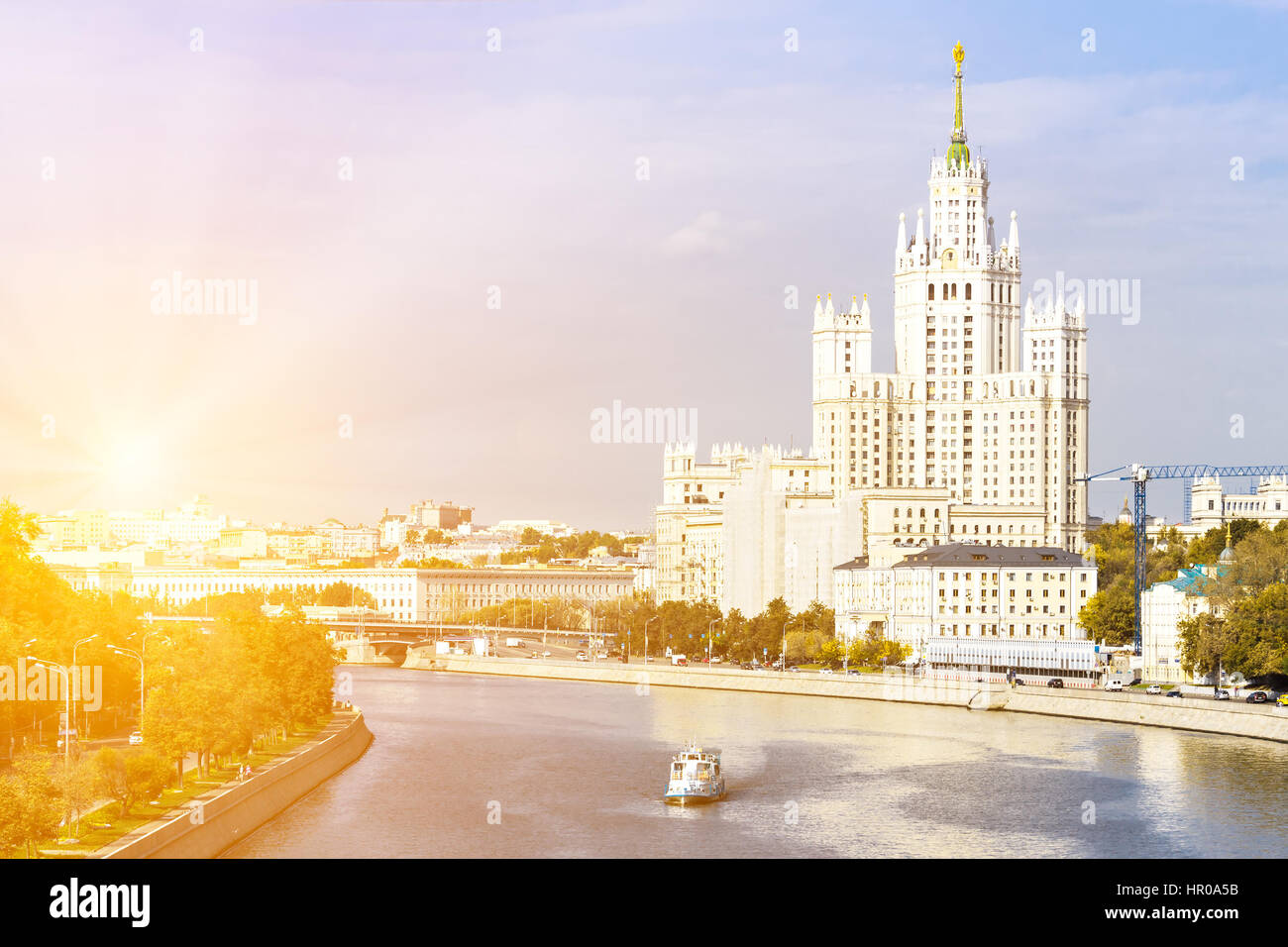 Kotelnicheskaya embankment building with leisure boat on the river Stock Photo