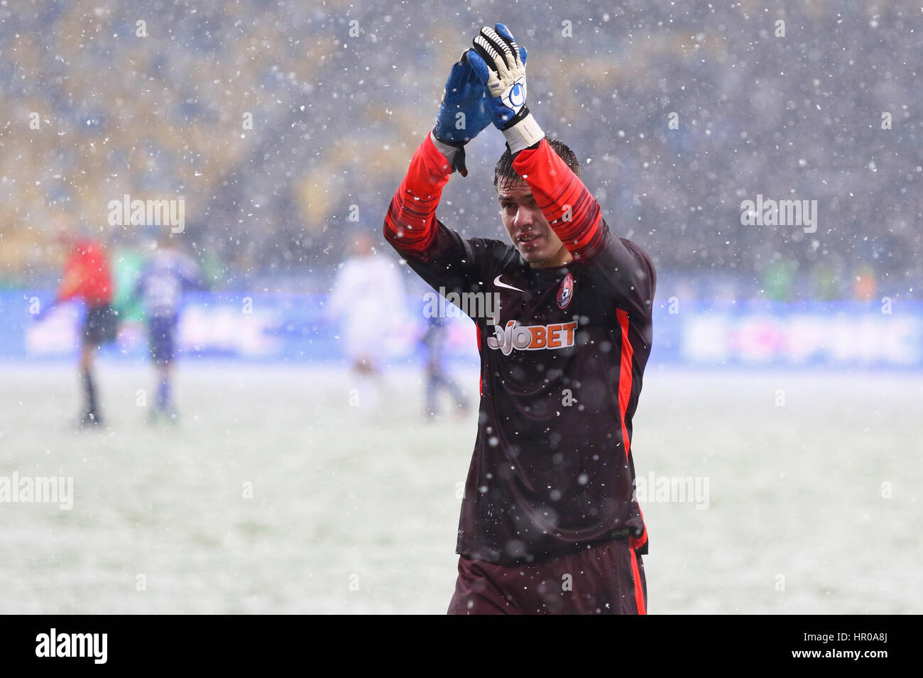 KYIV, UKRAINE - OCTOBER 26, 2016: Goalkeeper Oleksiy Shevchenko of Zorya Luhansk thanks fans after the Cup of Ukraine Round of 16 game against FC Dyna Stock Photo
