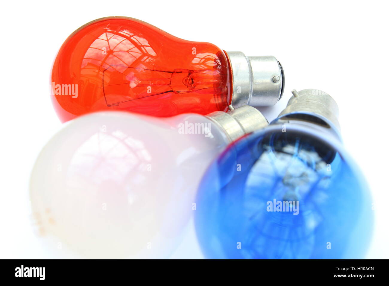 Red white and blue light bulbs in white background - patriotic flag concept Stock Photo