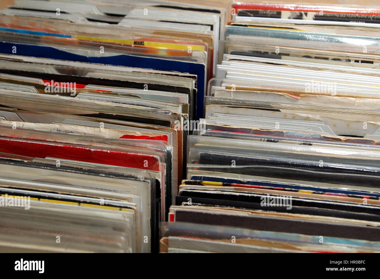 Vinyl 7" single 45 rpm records for sale at a retro record fair Stock Photo  - Alamy