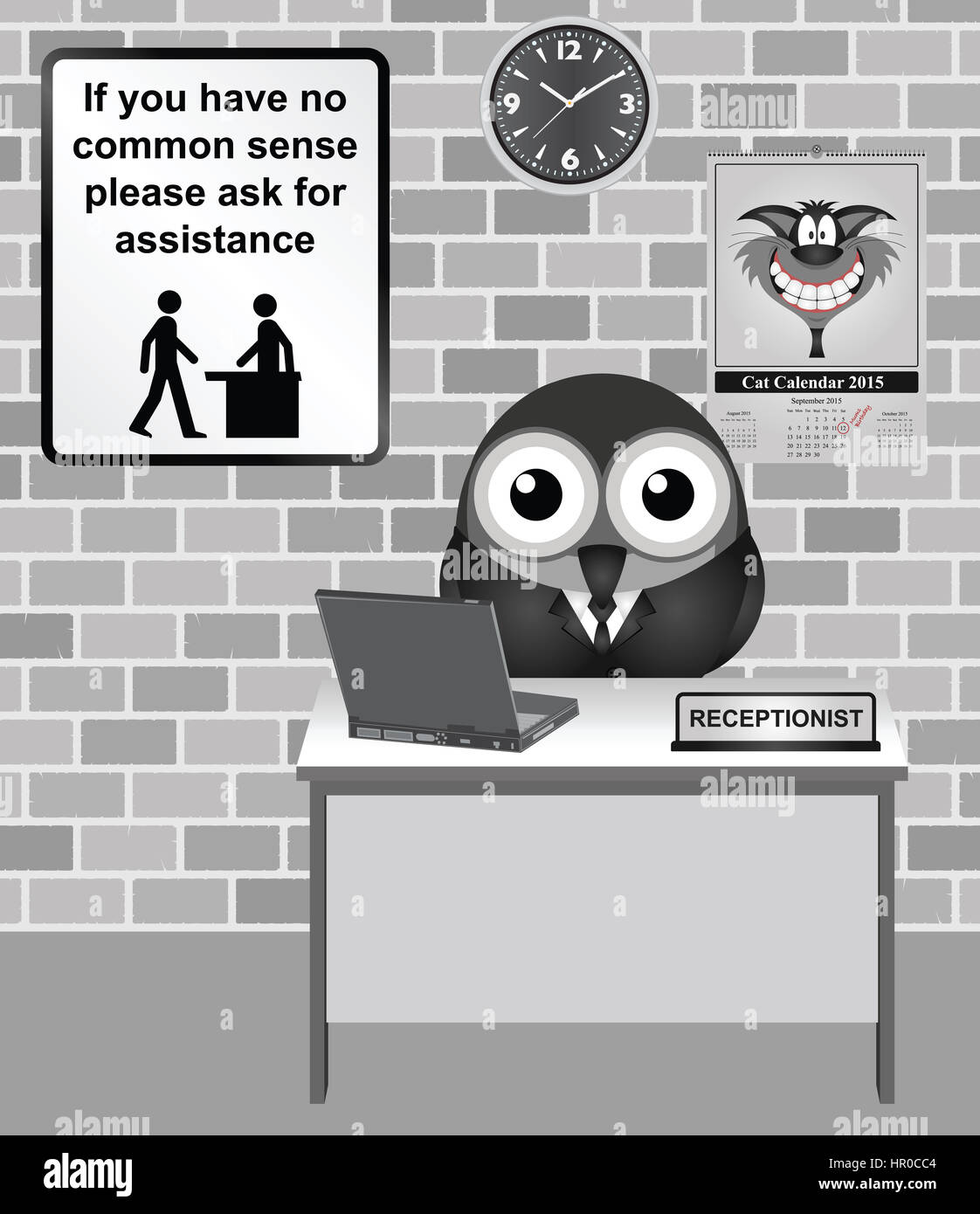 Comical bird Receptionist with common sense information sign Stock Photo
