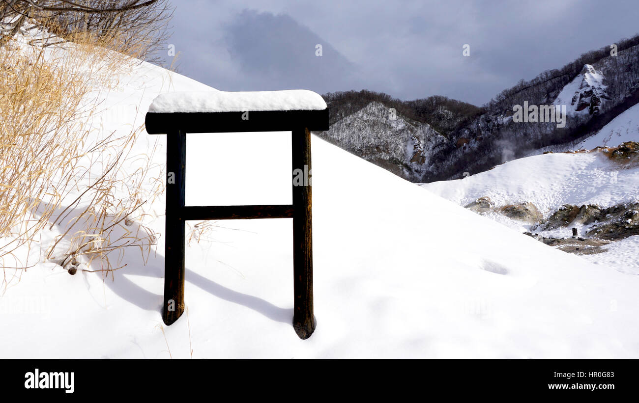 Snow and blank signage in the forest snow winter national park, Hokkaido, Japan Stock Photo