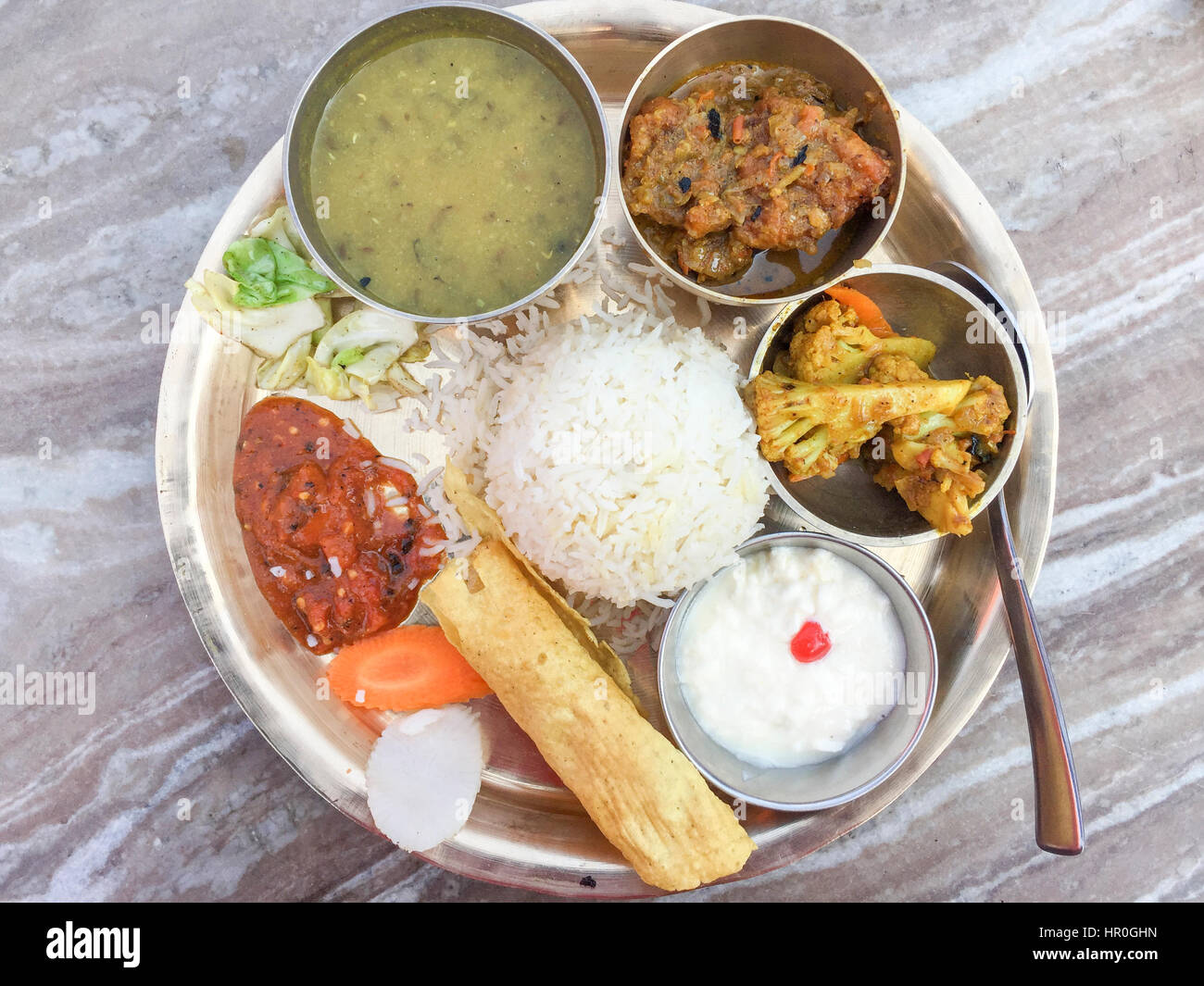 Selective focus of Traditional Nepalese food - Fish Thali or Thakali ...