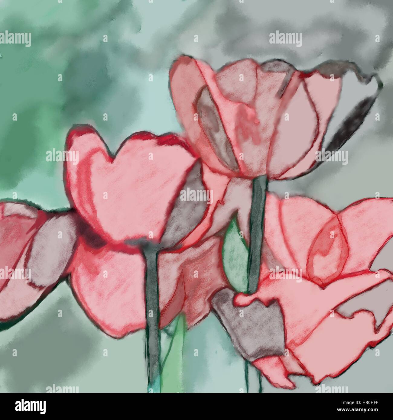 Watercolor tulip art background, digital oil flower paintings Stock