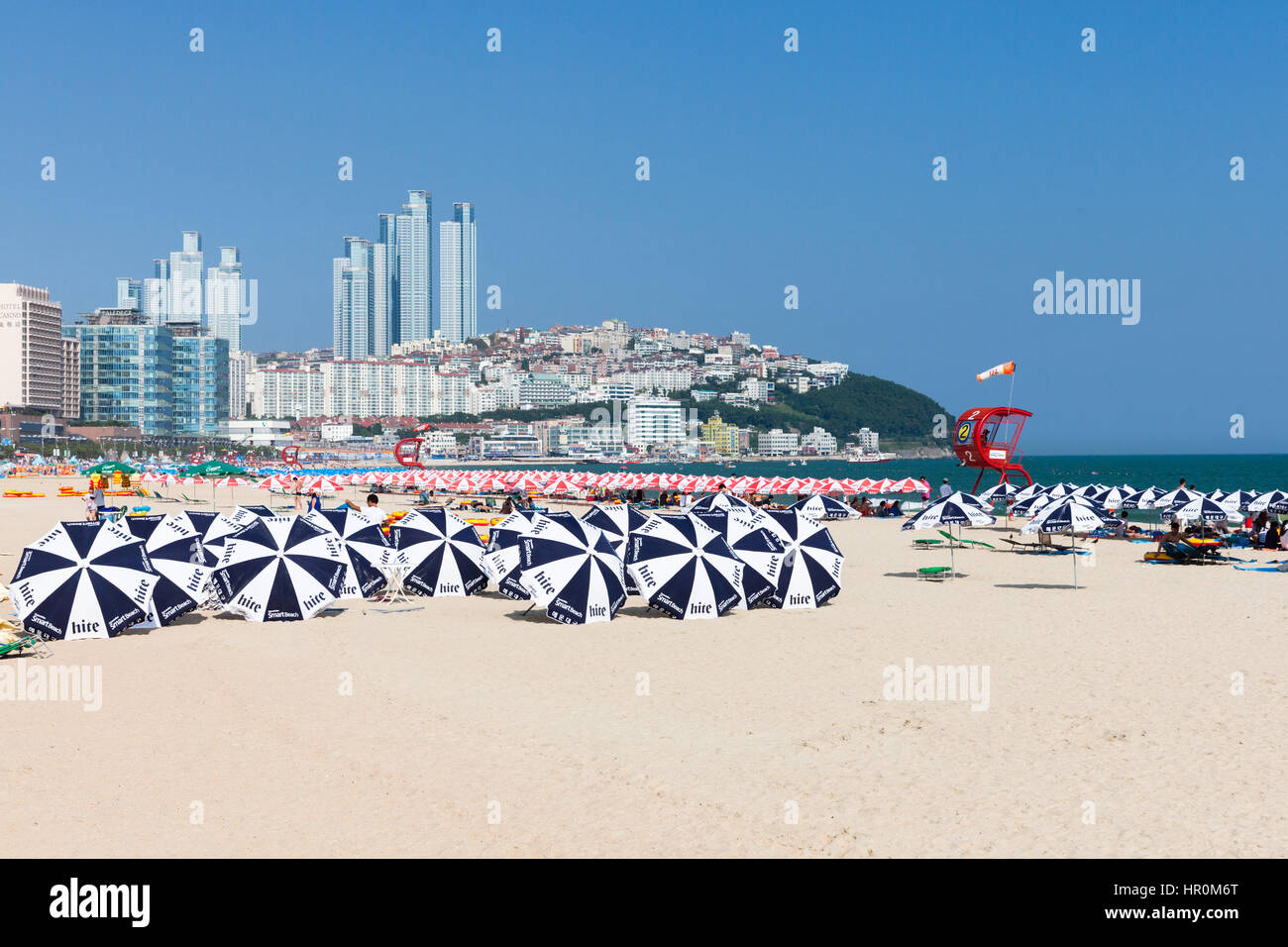 Busan, South Korea - 22 August 2014: The view of Haeundae beach one of the popular beaches of Busan Metropolitan City, the largest port of South Korea Stock Photo