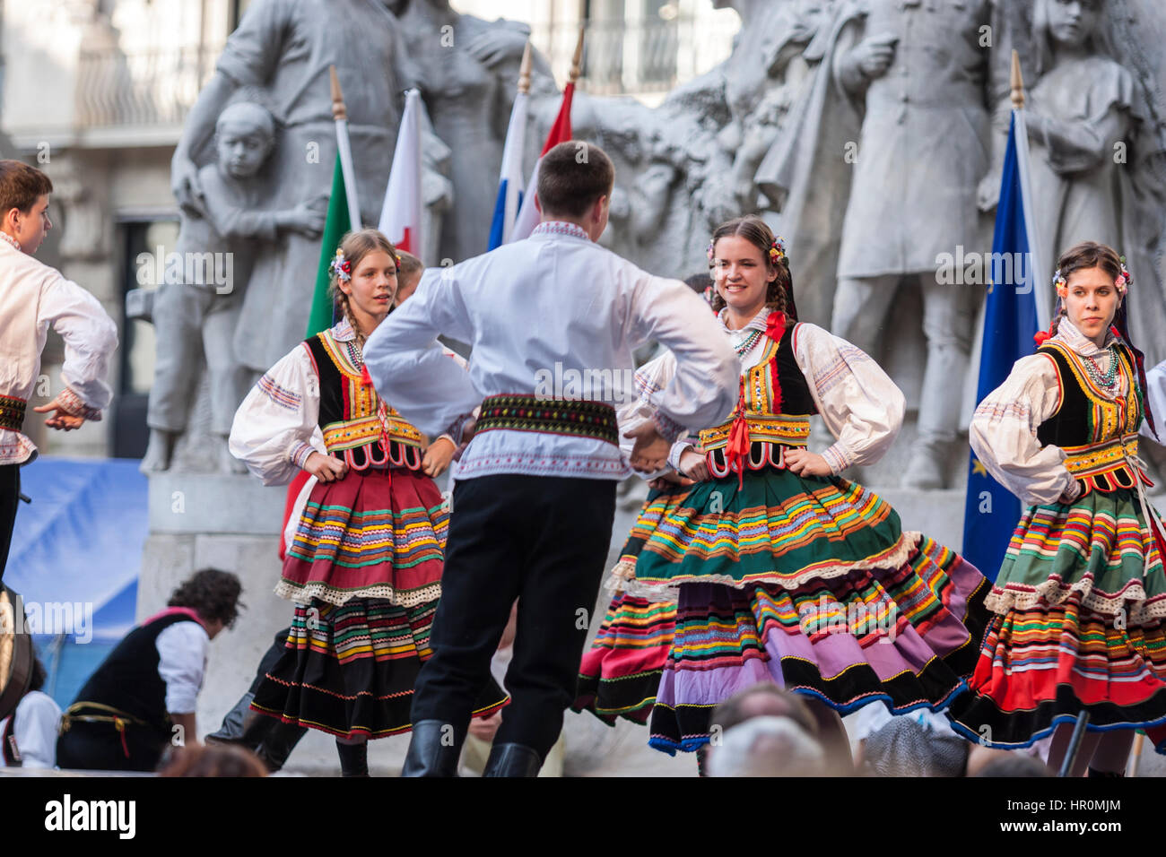 Boys and girls in folk costume performing a Hungarian folk dance in Budapest, Hungary Stock Photo