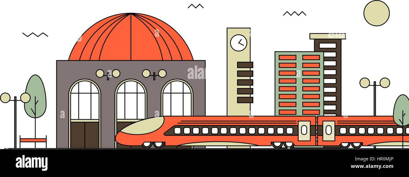 Suburban train station flat design illustration. Railway design concept Stock Vector