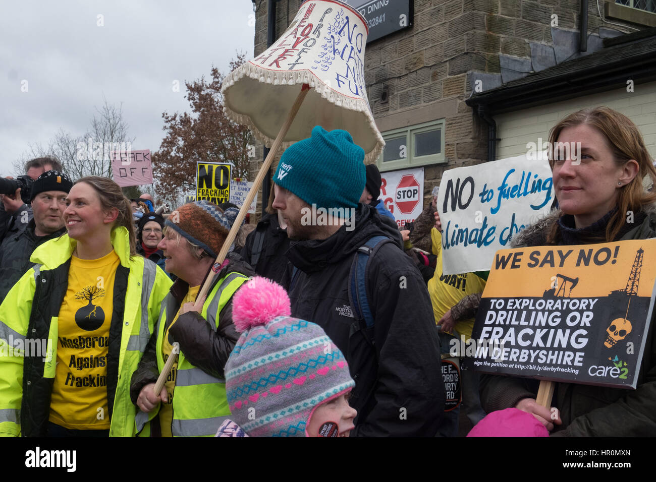 Eckington, UK. 25th Feb, 2017. Marsh Lane, Chesterfield, Derbyshire, UK, February 25th 2017, Peaceful demonstration against fracking by residents of a village who are opposed to proposals by INEOS to drill exploration wells in the nearby countryside. Credit: James Macfarlen/Alamy Live News Stock Photo