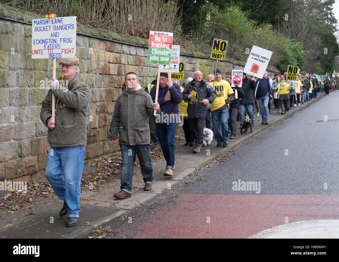 Eckington, UK. 25th Feb, 2017. Marsh Lane, Chesterfield, Derbyshire, UK, February 25th 2017, Peaceful demonstration against fracking by residents of a village who are opposed to proposals by INEOS to drill exploration wells in the nearby countryside. Credit: James Macfarlen/Alamy Live News Stock Photo