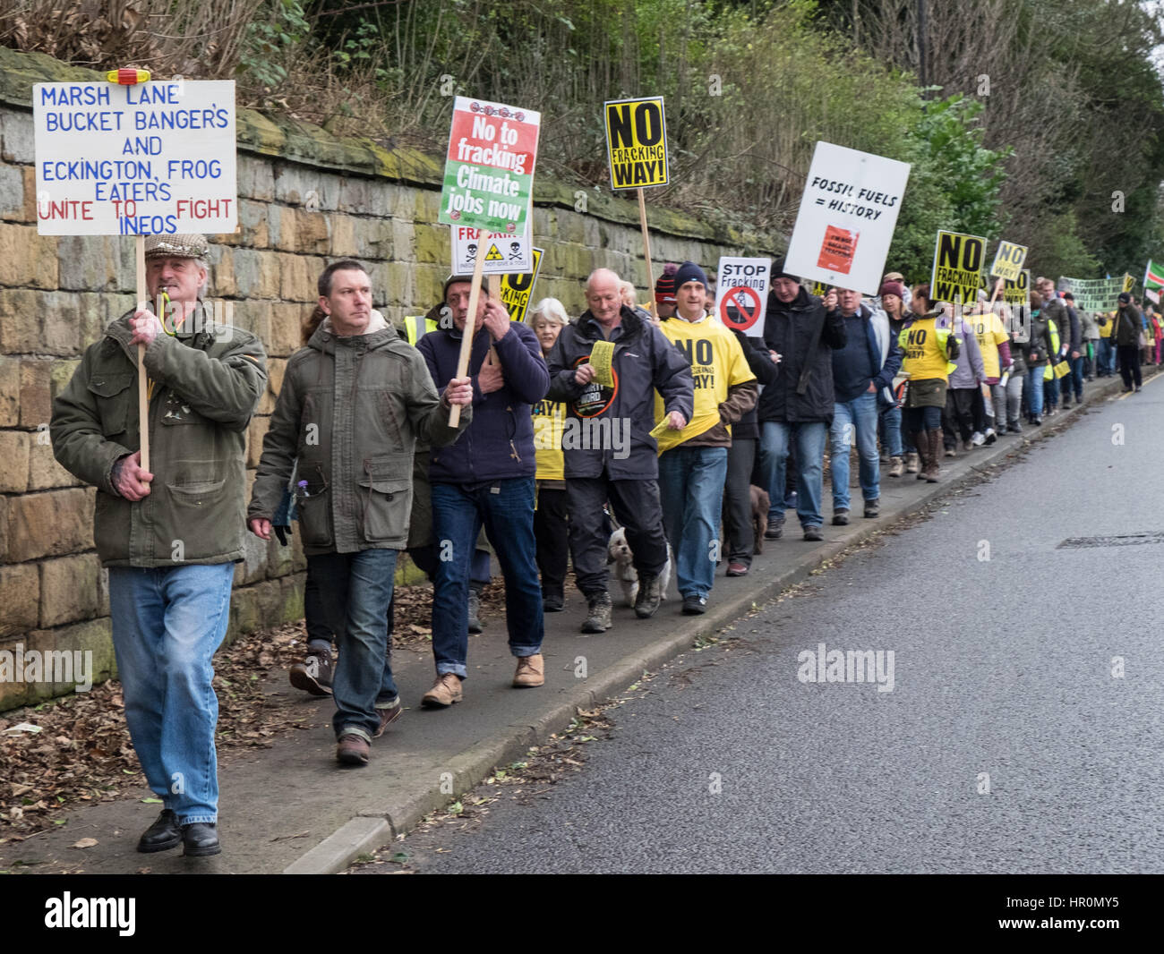 Eckington, UK. 25th Feb, 2017. Marsh Lane, Chesterfield, Derbyshire, UK, February 25th 2017, Peaceful demonstration against fracking by residents of a village who are opposed to proposals by INEOS to drill exploration wells in the nearby countryside. Credit: James Macfarlen/Alamy Live News Stock Photo
