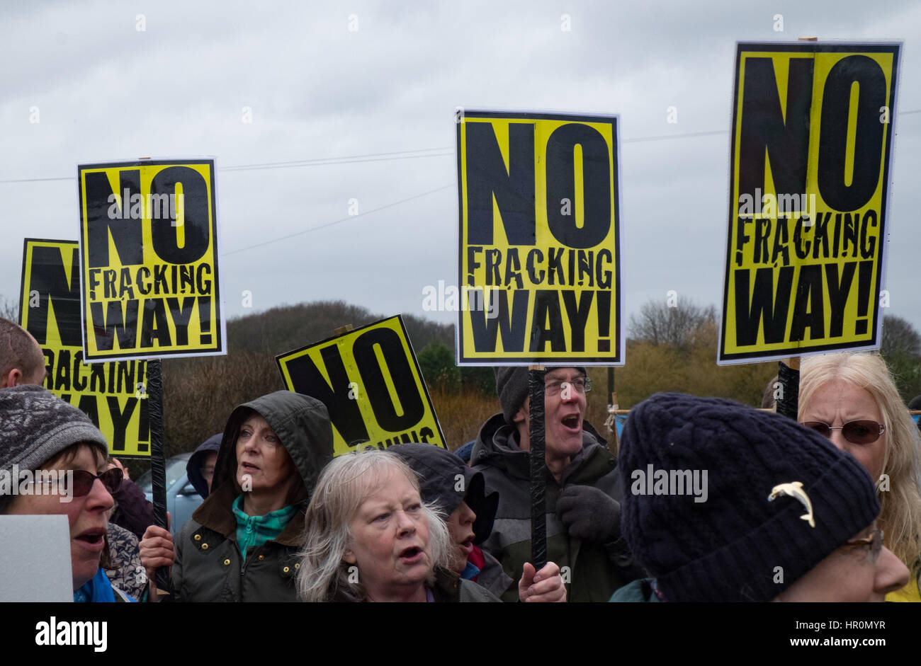 Eckington, UK. 25th Feb, 2017. Marsh Lane, Chesterfield, Derbyshire, UK, February 25th 2017, Peaceful demonstration against fracking by residents of a village who are opposed to proposals by INEOS to drill exploration wells in the nearby countryside. Credit: James Macfarlen/Alamy Live News Stock Photo