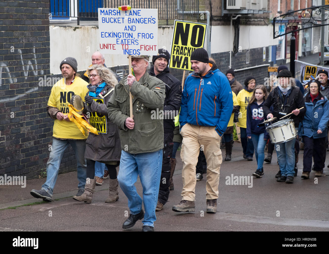 Eckington, UK. 25th Feb, 2017. Marsh Lane, Chesterfield, Derbyshire, UK, February 25th 2017, Peaceful demonstration against fracking by residents of a village who are opposed to proposals by INEOS to drill exploration wells in the nearby countryside. Credit: James Macfarlen/Alamy Live News Stock Photo