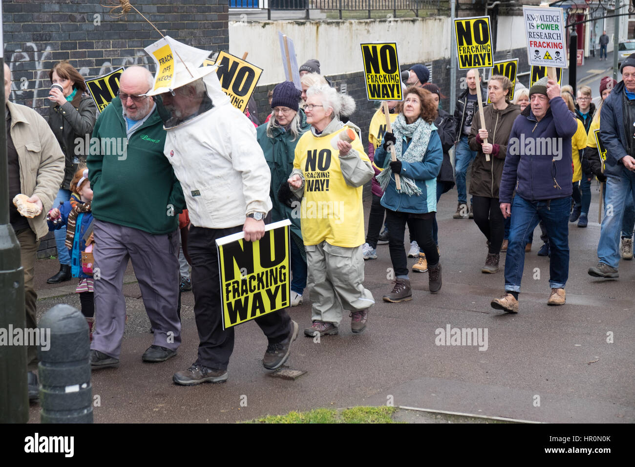 Eckington, UK. 25th Feb, 2017. Marsh Lane, Chesterfield, Derbyshire, UK, February 25th 2017, Peaceful demonstration against fracking by residents of a village who are opposed to proposals by INEOS to drill exploration wells in the nearby countryside. Credit: James Macfarlen/Alamy Live News Stock Photo