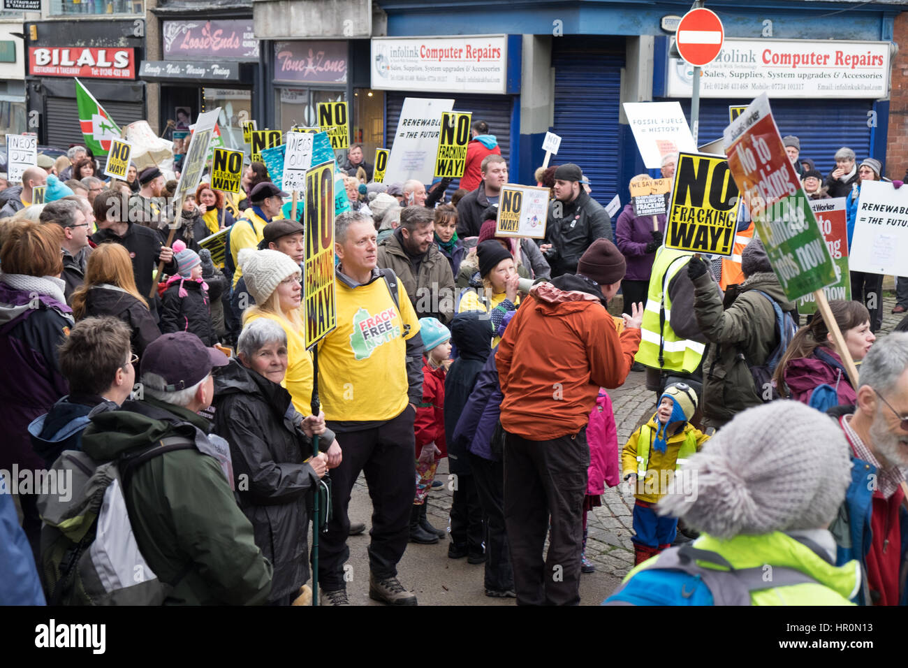 Eckington, UK. 25th Feb, 2017. Marsh Lane, Chesterfield, Derbyshire, UK, February 25th 2017, Peaceful demonstration against fracking by residents of a village who are opposed to proposals by INEOS to drill exploration wells in the nearby countryside. Credit: James Macfarlen/Alamy Live News Stock Photo