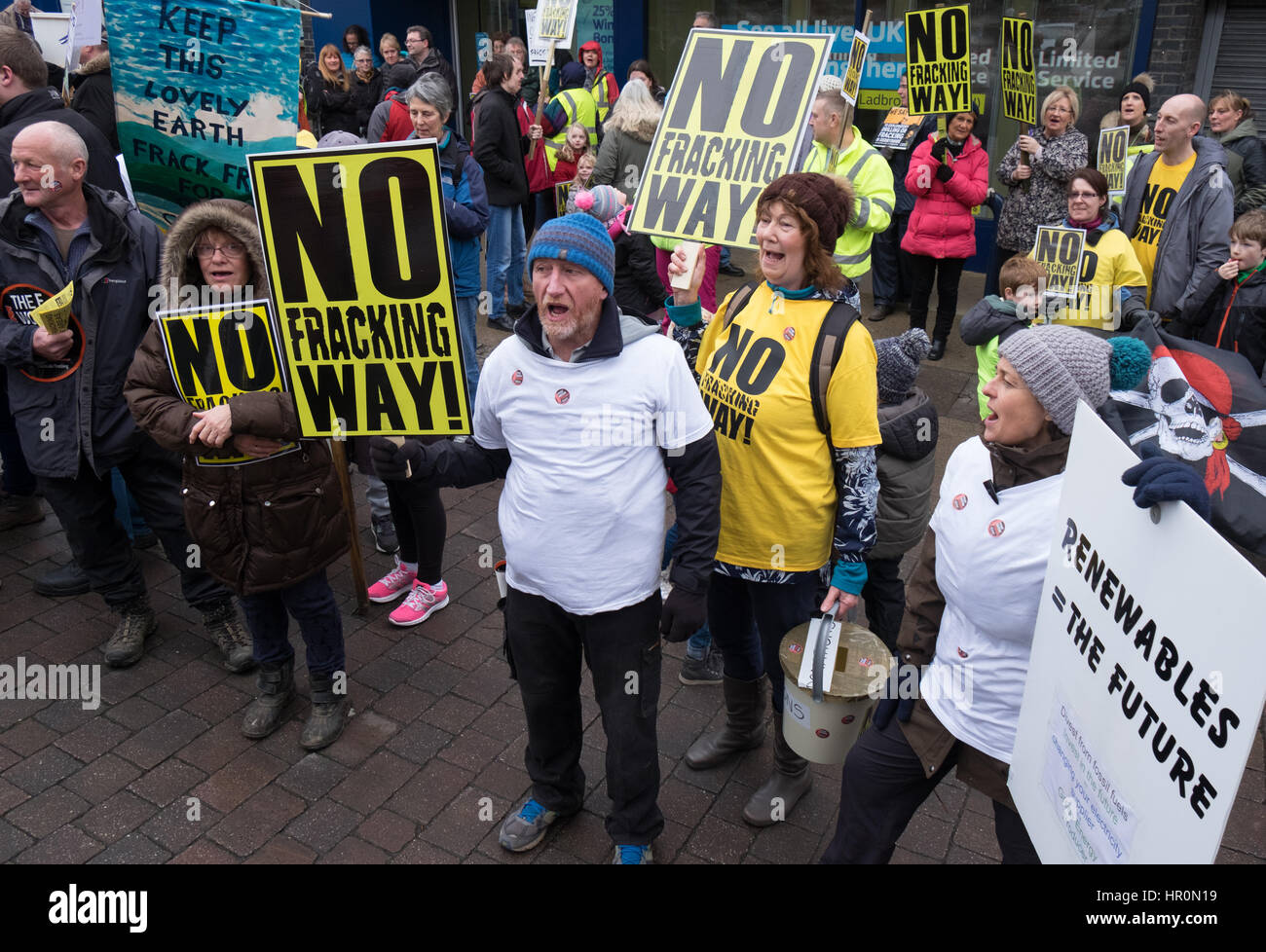 Eckington, UK. 25th Feb, 2017. Marsh Lane, Chesterfield, Derbyshire, UK, February 25th 2017, Peaceful demonstration against fracking by residents of a village who are opposed to proposals by INEOS to drill exploration wells in the nearby countryside. Credit: James Macfarlen/Alamy Live News Stock Photo