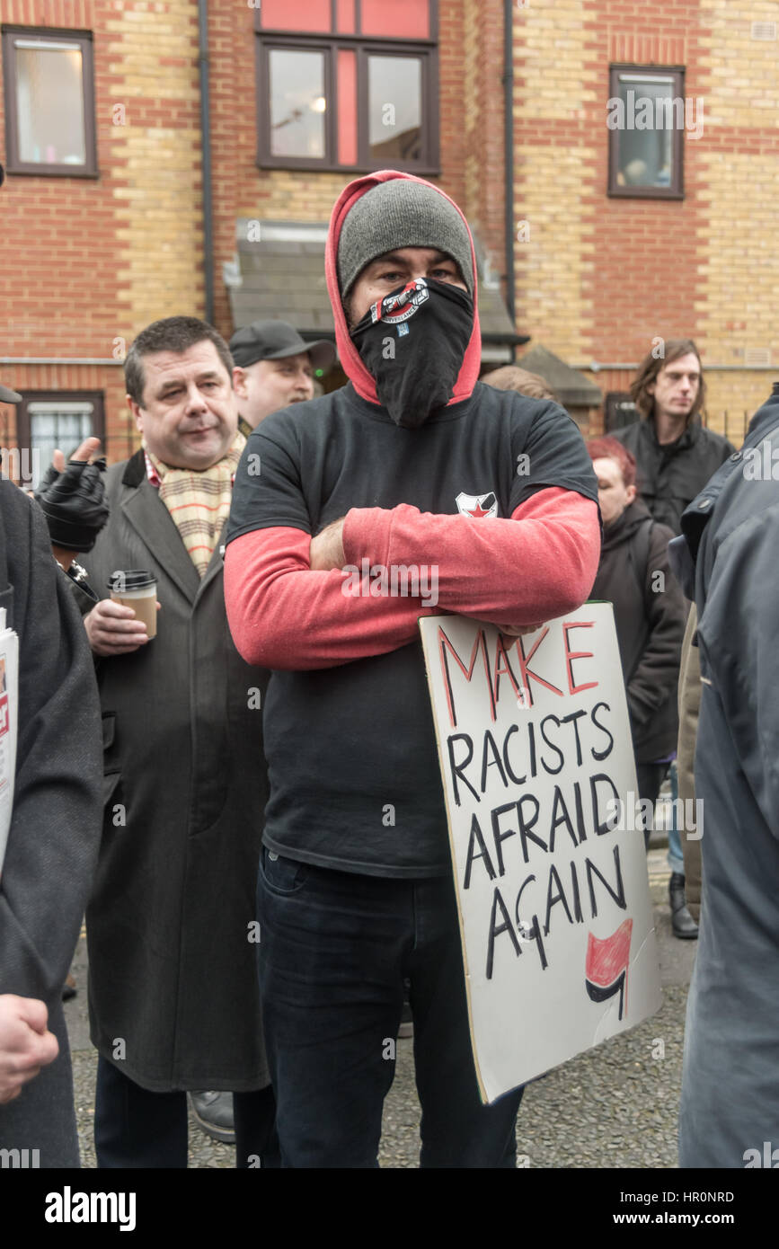 London, UK. 25th February 2017. Several hundred people from East London gather outside the LD50 gallery in Dalston which they say has promoted fascists, neo-Nazis, misogynists, racists and Islamophobes in one of London's more diverse areas.  They say the gallery, whose name refers to the dose of any substance required to kill 50% of those taking it, 'has been responsible for one of the most extensive neo-Nazi cultural programmes to appear in London in the last decade. Credit: Peter Marshall/Alamy Live News Stock Photo