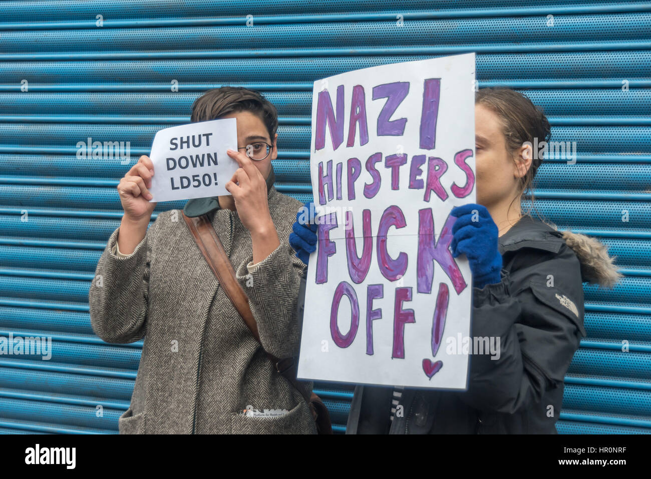 London, UK. 25th February 2017. Several hundred people from East London gather outside the LD50 gallery in Dalston which they say has promoted fascists, neo-Nazis, misogynists, racists and Islamophobes in one of London's more diverse areas.  They say the gallery, whose name refers to the dose of any substance required to kill 50% of those taking it, 'has been responsible for one of the most extensive neo-Nazi cultural programmes to appear in London in the last decade. Credit: Peter Marshall/Alamy Live News Stock Photo