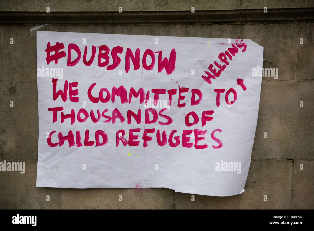 London, UK. 25th Feb, 2017. A sign used by supporters of Help4Refugee Children protesting opposite Downing Street to call for the reinstatement of the Lord Dubs Amendment to help refugee children. Credit: Mark Kerrison/Alamy Live News Stock Photo