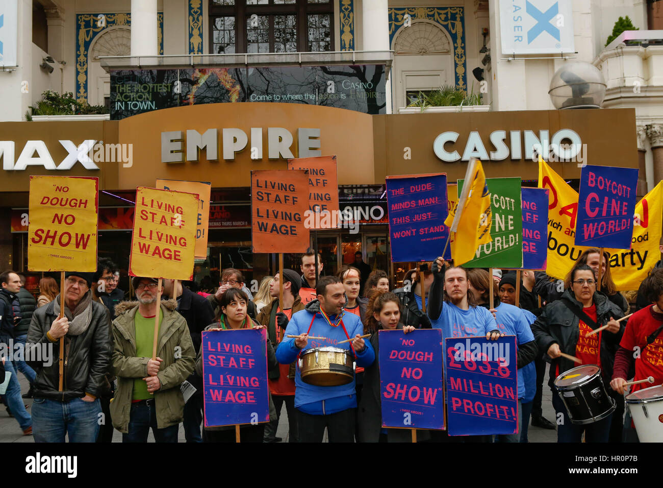L ondon, UK. 25th Feb, 2017. Demo for living wage support the PictureHouse strike outside the Empire cinema Leiceste Square strikers holding placated outside the Empire Credit: Brian Southam/Alamy Live News Stock Photo