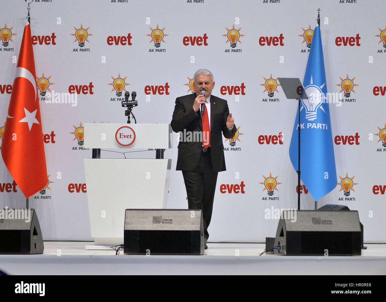 Ankara, Turkey. 25th Feb, 2017. Turkish Prime Minister Binali Yildirim addresses Turkish ruling Justice and Development Party (AKP)'s 'Yes' campaign for the April 16 constitutional referendum in Ankara, capital of Turkey, on Feb. 25, 2017. Turkish ruling Justice and Development Party (AKP) kicked off its 'Yes' campaign for the April 16 constitutional referendum on Saturday, local media reported. Credit: Mustafa Kaya/Xinhua/Alamy Live News Stock Photo