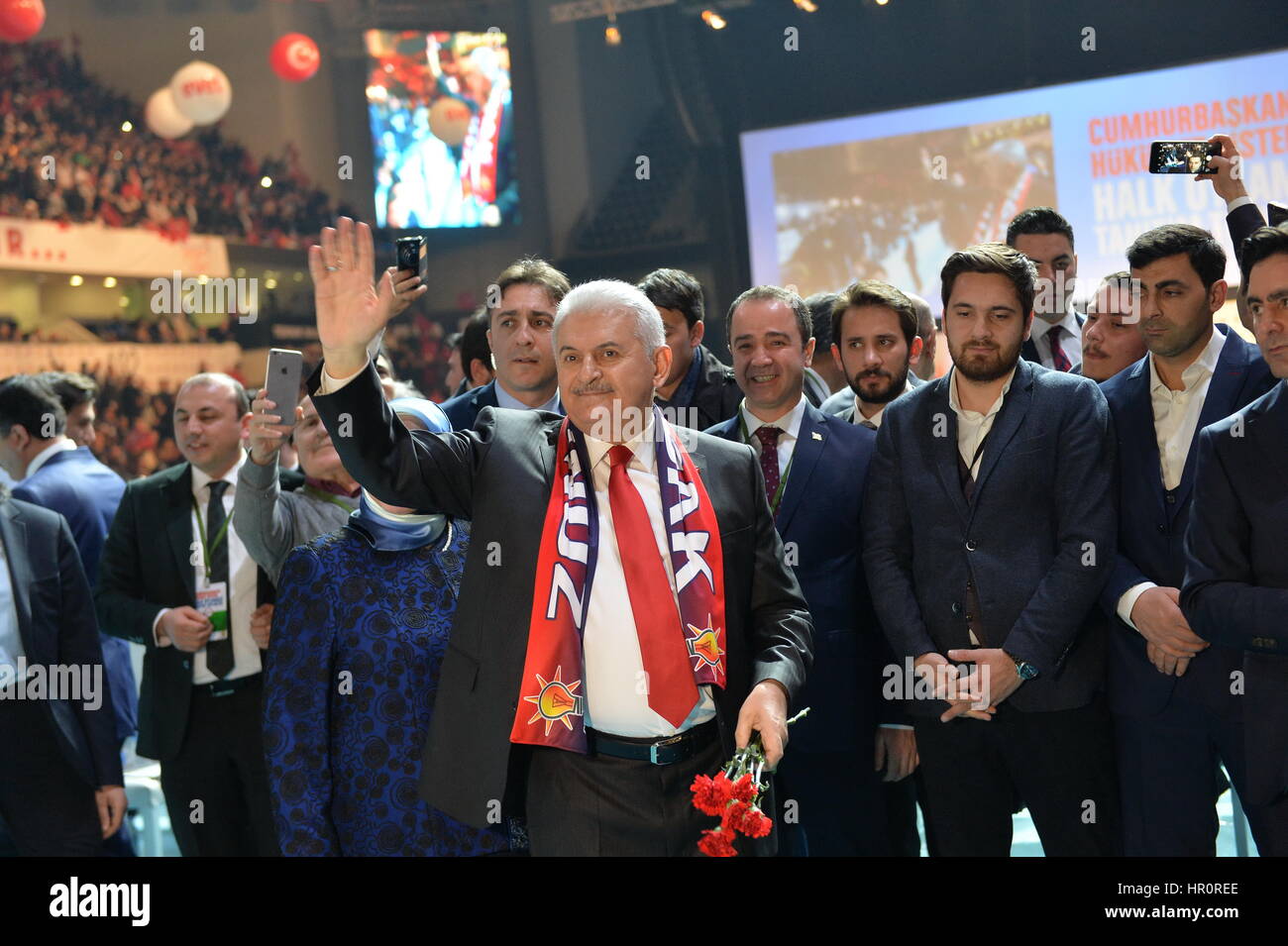 Ankara, Turkey. 25th Feb, 2017. Turkish Prime Minister Binali Yildirim (Front) attends Turkish ruling Justice and Development Party (AKP)'s 'Yes' campaign for the April 16 constitutional referendum in Ankara, capital of Turkey, on Feb. 25, 2017. Turkish ruling Justice and Development Party (AKP) kicked off its 'Yes' campaign for the April 16 constitutional referendum on Saturday, local media reported. Credit: Mustafa Kaya/Xinhua/Alamy Live News Stock Photo