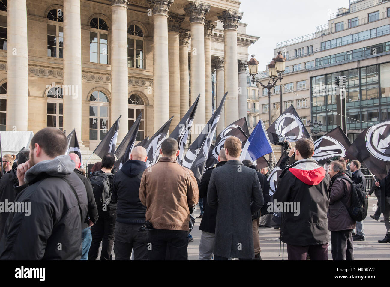 Paris, France. 25th February 2017. Members of the nationalist action group 'La Dissidence Française' gathered at the Paris Stock Exchange Saturday, February 25, 2017 (Around a watchword) 'Ours before others!'. Credit: Saïd Anas/Alamy Live News Stock Photo